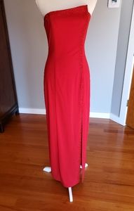 Red Strapless column dress with beaded detail